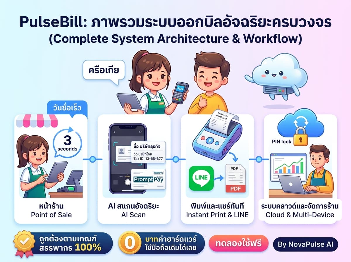 การ์ตูนอินโฟกราฟิกภาพรวมระบบออกบิลอัจฉริยะ PulseBill ครบวงจร 4 ขั้นตอน